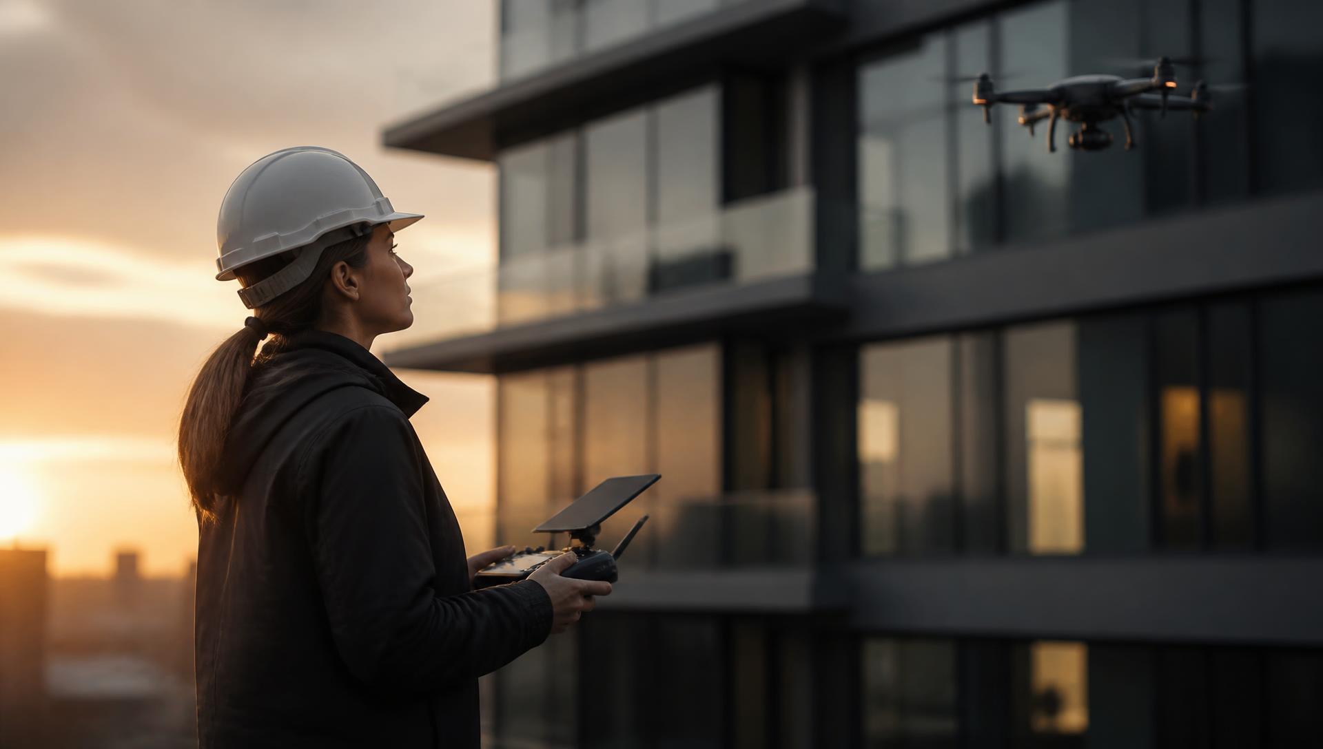 Engenheira operando drone para inspeção predial